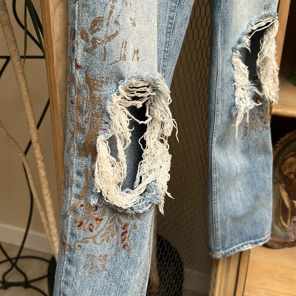 Free People Distressed Gold Paint Stencil Denim Jeans